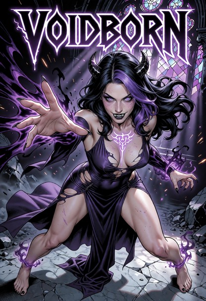 **Comic-book cover prompt for Voidborn:** “Dynamic comic-book cover, dramatic low-angle full-body shot. Across the to…