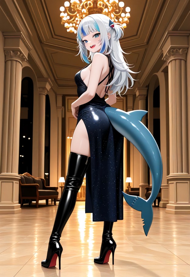 she is wearing evening dress,slit dress,stockings,thigh high leather boots,stiletto heels,ballroom,full body,eye leve…