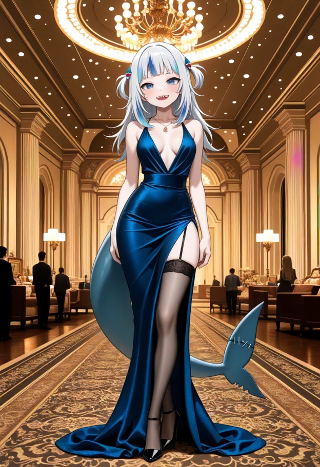she is is standing in a ballroom,evening dress,slit dress,stockings,stiletto heels,ballroom,luxury interior,full body…