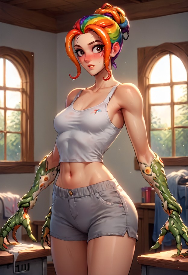 she is stands close to the viewer with tentacles wrapping around wrist and poking chest,white cotton tank top,grey je…
