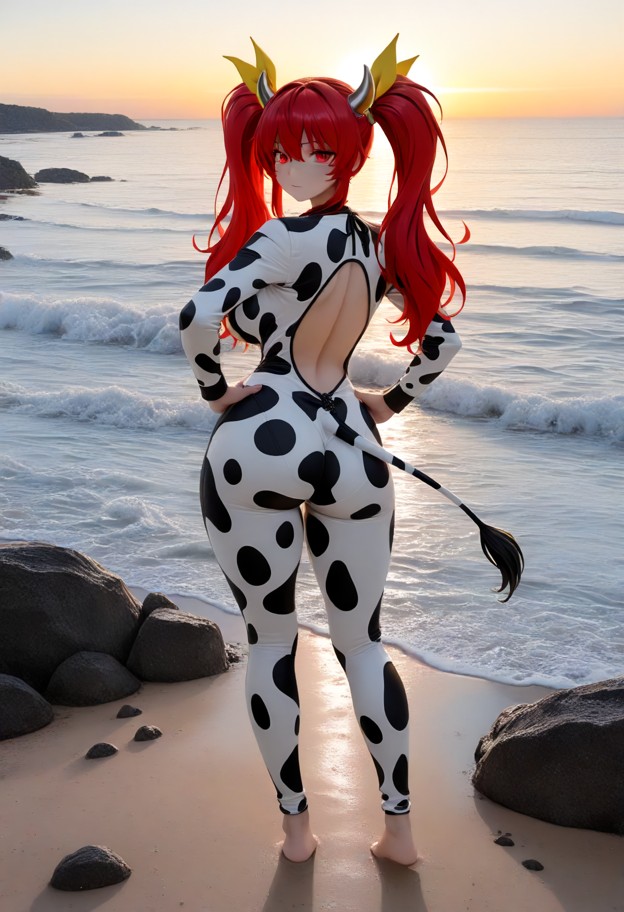 a she is standing on the sand with hands on her hips,black and white spotted cow costume,plastic horns,gold jewelry,s…