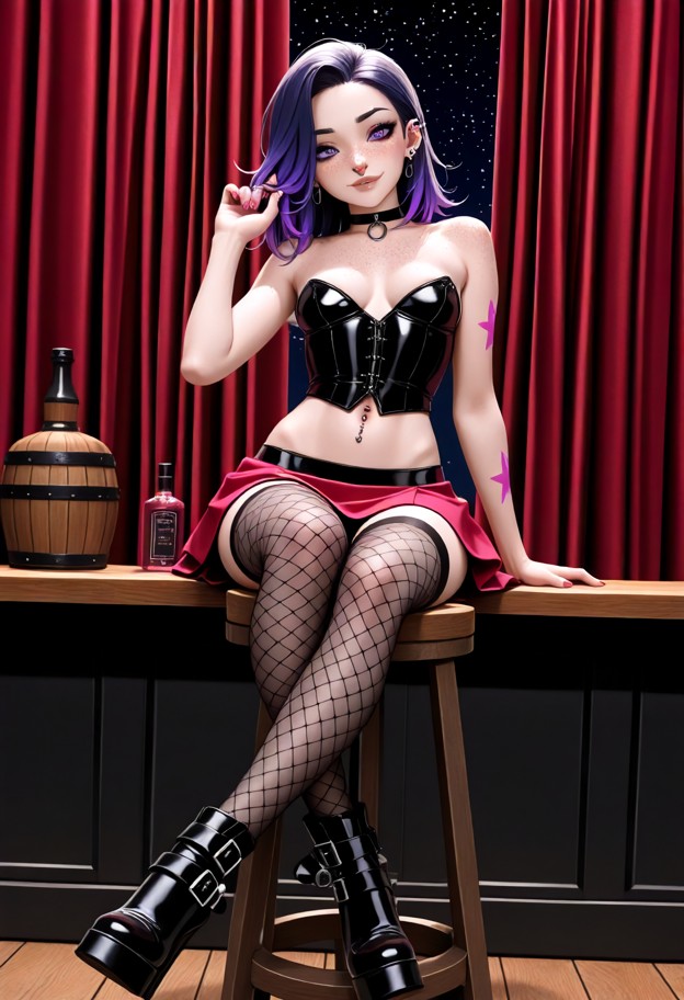 1girl sitting on stool,black corset,red skirt,black fishnet stockings,high heel ankle boots,choker,playing with hair,…
