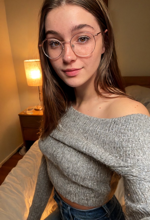 erin bell is pacing in a bedroom,oversized grey knit wool sweater,dark denim jeans,dimly lit bedroom,wooden door,mess…