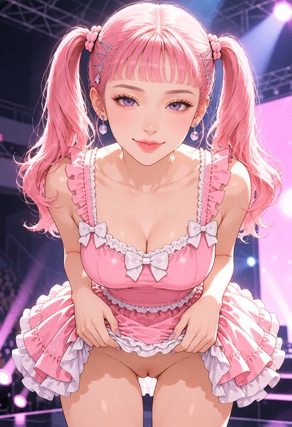 Cute idol teasing on stage A cute idol girl is standing on a brightly lit concert stage, wearing a short pink frilly …
