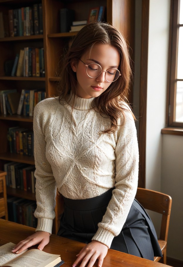 lexra is sitting at a wooden desk with eyes closed,cream knit sweater,dark wool skirt,university library aisles,woode…