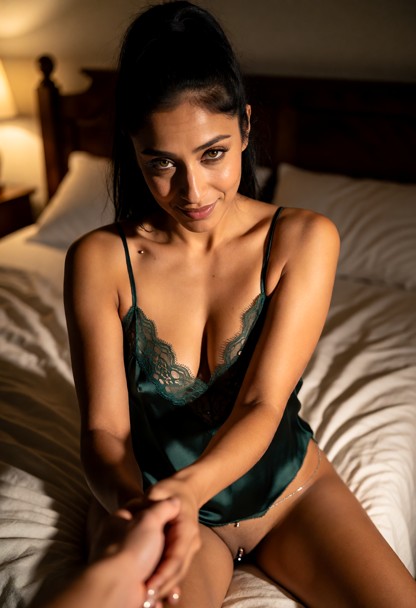 Location: late night in a dim bedroom with soft, warm lamplight casting long shadows across the white linen sheets an…