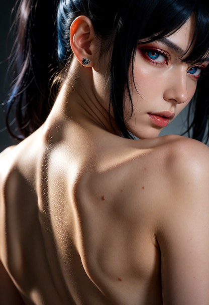 An extreme macro photorealistic fine art portrait of an artistic nude female model, faceless, head completely out of …