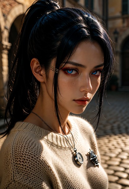 A cinematic, ultra-detailed picture of a striking woman in her late 20s in warm afternoon light. She has piercing, ex…