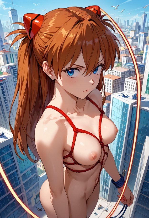 1girl tied with glowing ropes,city plaza,skyscrapers,helpless expression,bondage,bdsm,vertical,bird's eye view,naked,…
