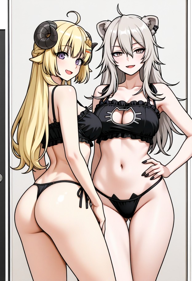 multiple_girls,2girls,ass,underwear,bra,panties,navel,breasts,cat_lingerie,black_bra,black_panties,looking_at_viewer,…