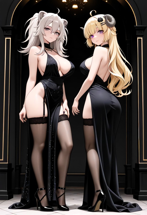 she is,wearing evening dress,slit dress,stockings,stiletto heels,standing,indoors,full body,eye level,cinematic lighting