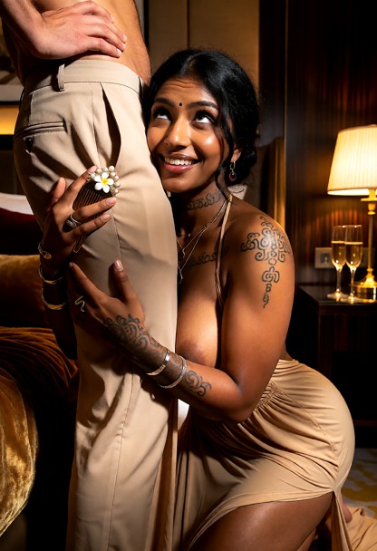Location: inside a luxurious hotel suite with warm, dim ambient lighting that casts soft shadows against the dark woo…