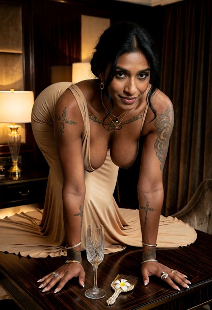 Location: inside a luxurious hotel suite with warm, dim ambient lighting that casts soft shadows against the dark woo…