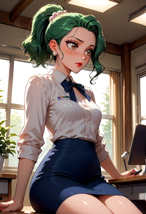 solo,transgender,aiko sato,sitting,looking down,blushing,fiddling with pen,white professional blouse,short black skir…