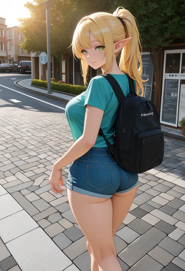 a she is is walking with her arm looped through a man's arm,happy,blue t-shirt,denim shorts,large travel backpack,str…