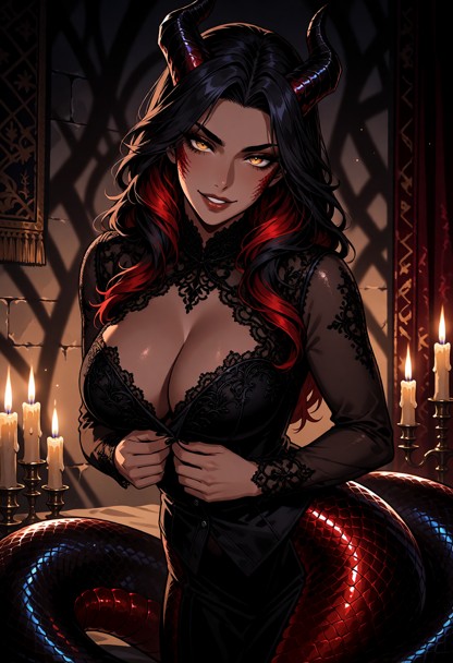Location: a dim, atmospheric chamber filled with soft, flickering candlelight that casts long, dancing shadows across…