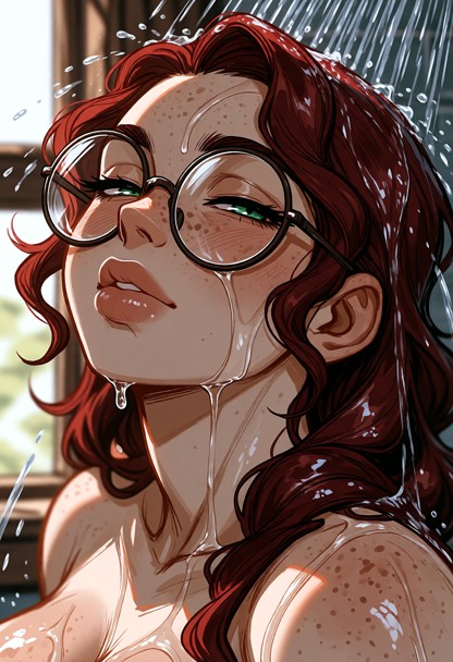 Hannah is the same woman, without glasses, she has her glasses off. eHannah is standing under the shower, her head a …