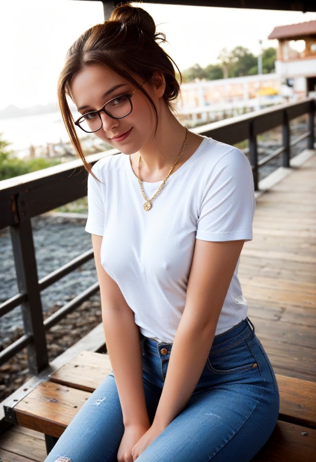 she is pressing face against chest,smiling,tight light blue denim jeans,white cotton t-shirt,amusement park platform,…