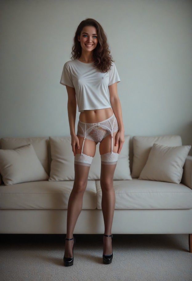 solo,smiling,holding keys,leaning against couch,soft cotton t-shirt,silk shorts,living room,popcorn bowl,dim lighting…