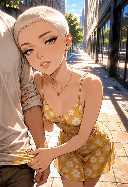 Location: sun-drenched city street in the afternoon as the bright sunlight beats down on the pavement and reflects of…