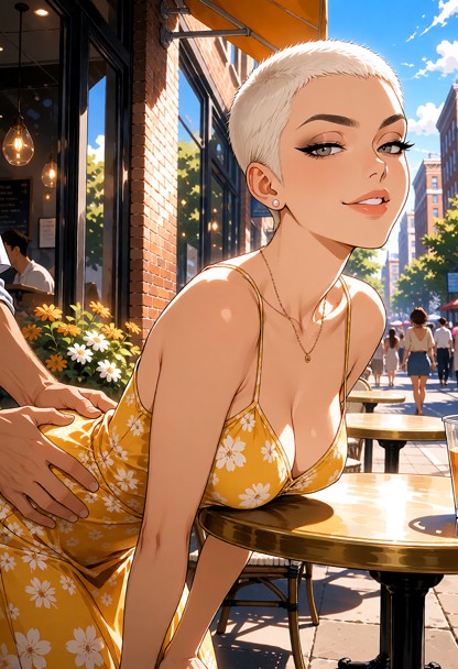 Location: sun-drenched city street in the morning near a bustling outdoor cafe with bright sunlight reflecting off th…