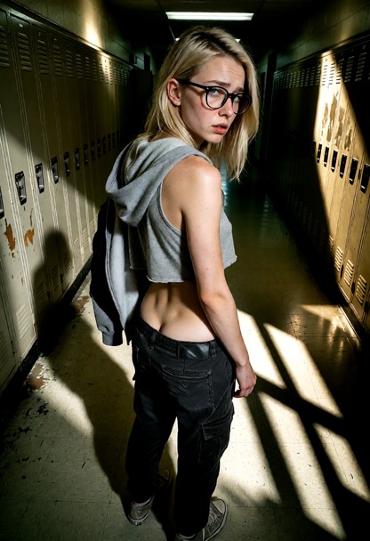 Location: empty school hallway under flickering, harsh fluorescent lights that cast long, jagged shadows against the …