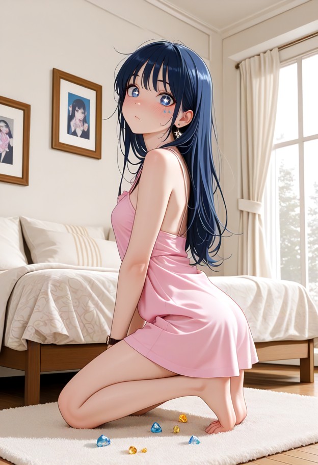 1girl,jumping off bed with surprised expression looking at watch,wearing ripped short pink sundress sparkling jeweled…