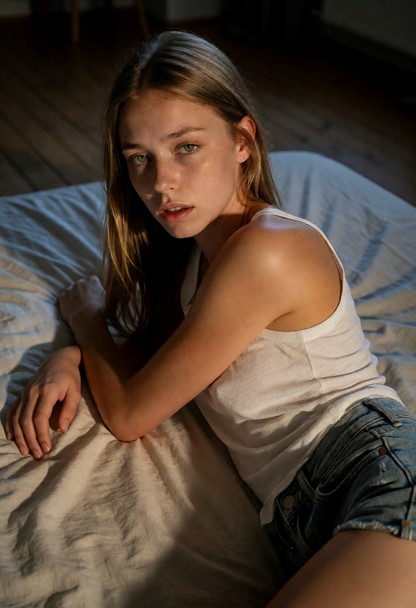 Location: a dimly lit bedroom in the evening, with soft ambient light casting gentle shadows across the rumpled bedsh…