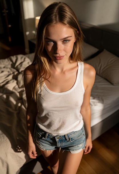 Location: a dimly lit bedroom in the evening, with soft ambient light casting gentle shadows across the rumpled bedsh…