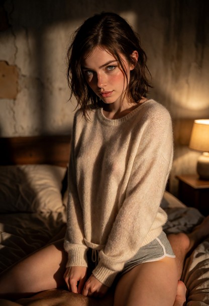 Location: a dimly lit bedroom during the evening, where soft shadows stretch across the textured walls and warm, ambe…