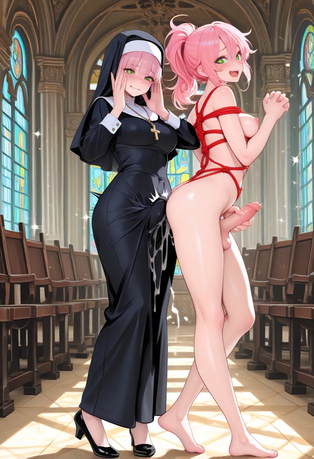 1 smirky futa with,1 smirky cute boy hands up,shaking hips (dancing),nun_outfit,sexy_nun,black_habit,white_veil,nun_c…