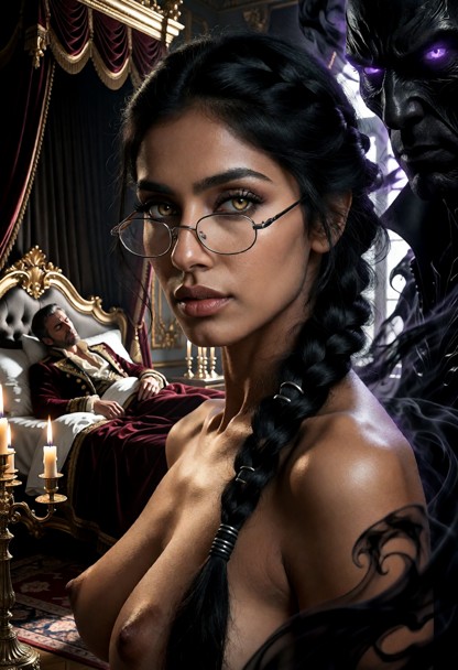 a master thief made of living darkness, wisps of shadow curling like ribbons around her silhouette, glowing violet ey…