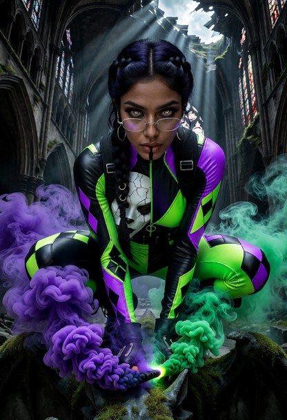 a lethal female harlequin in a cracked porcelain mask, crouched on a moss-covered gargoyle inside a massive, ruined g…
