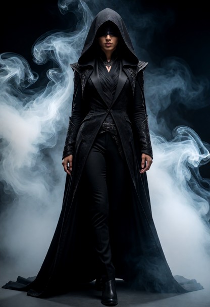 A full-body cinematic shot of a mysterious figure dressed in a sleek, all-black gothic fantasy outfit. The character …