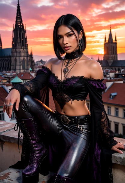 A stunning, alluring woman with short dark hair, wearing an intricate off-the-shoulder gothic-style crop top with pur…