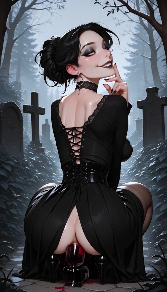 solo,crouching,twerking,looking at viewer,view from behind,gothic fashion,black outfit,lace,choker,dark eyeliner,pale…
