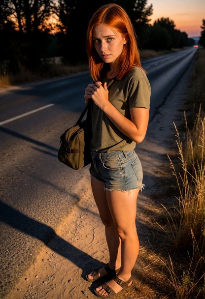 Location: a dusty roadside at dusk with long shadows stretching across the asphalt and the fading orange light of the…