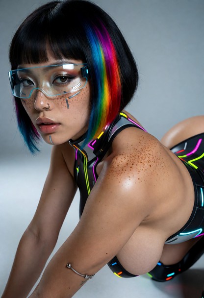 Woman wears futuristic techwear with a visor, sci-fi outfit details, glowing accents, metallic makeup, and minimal je…