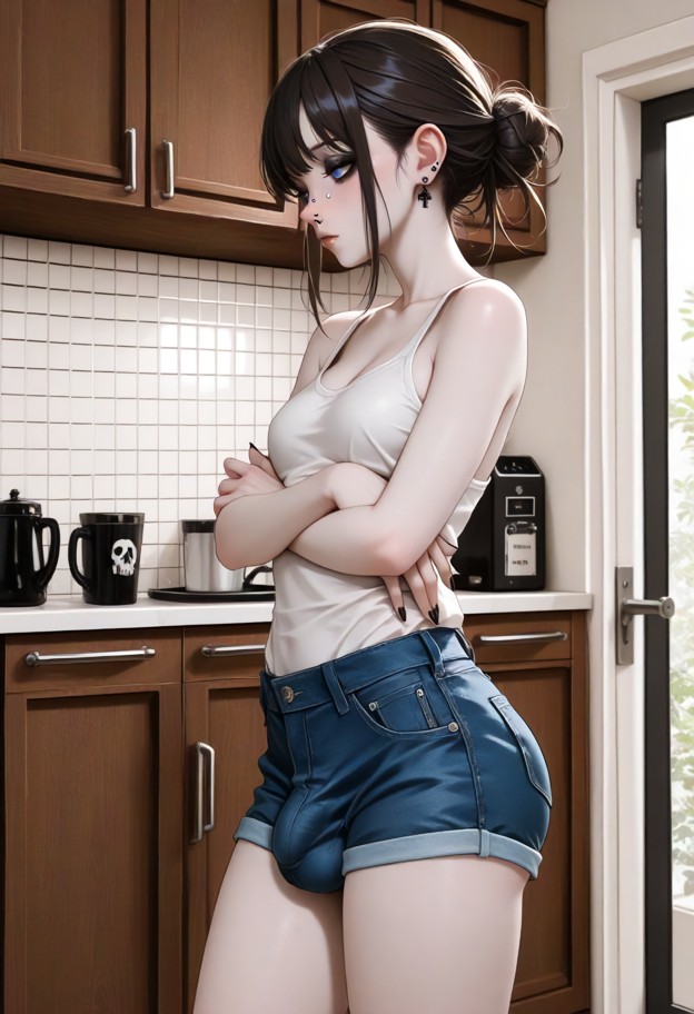 serena is standing in the doorway with her arms crossed,tight blue denim shorts,white tank top,small kitchen,white ti…