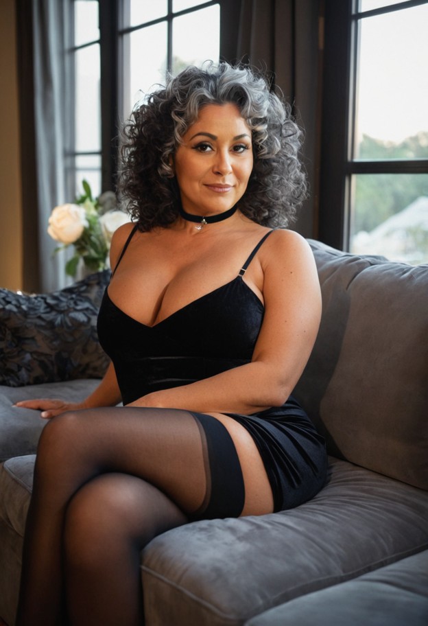 she is is sitting deeply reclined on the plush cushions of the couch,black silk dress,black nylon stockings,black cho…