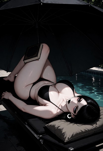 1girl lying on her back, one knee bent up, pillow under her head, book resting on propped leg, wearing black bikini, …
