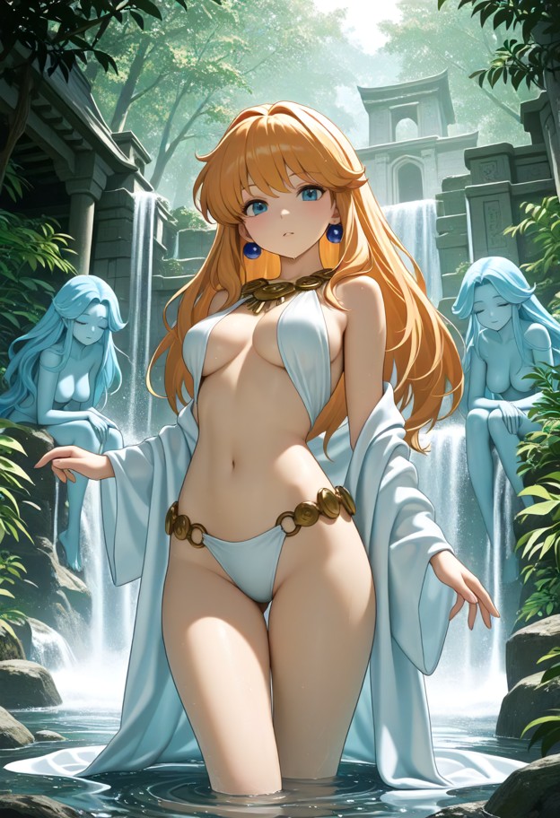 undine temple,secret of mana,water features,water falls,white marble,flowing water robes on