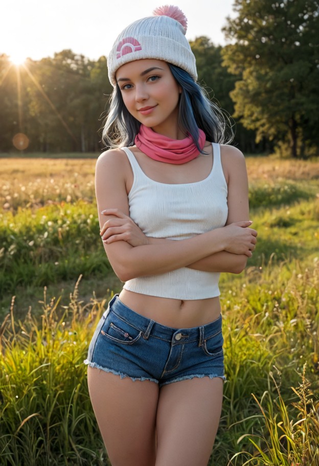 she is,standing,arms crossed under breasts,white tank top,denim shorts,grassy route field,trees,afternoon sun,medium …