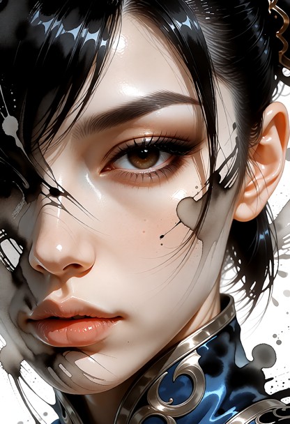 Il s'agit d'une aquarelle en noir et blanc représentant le visage d'une femme, traitée dans un style libre et express…