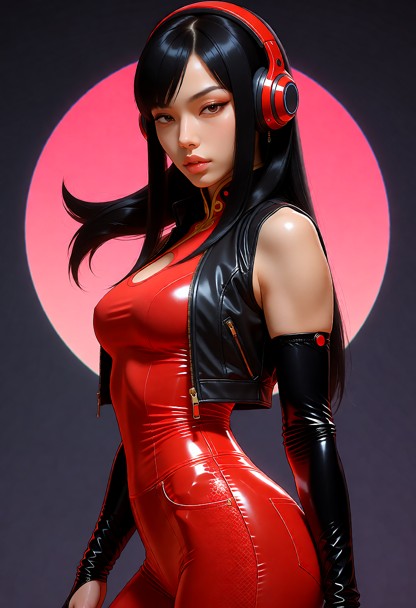 Cette illustration de style anime représente une jeune femme élégante aux cheveux noirs portant un casque rouge, posa…