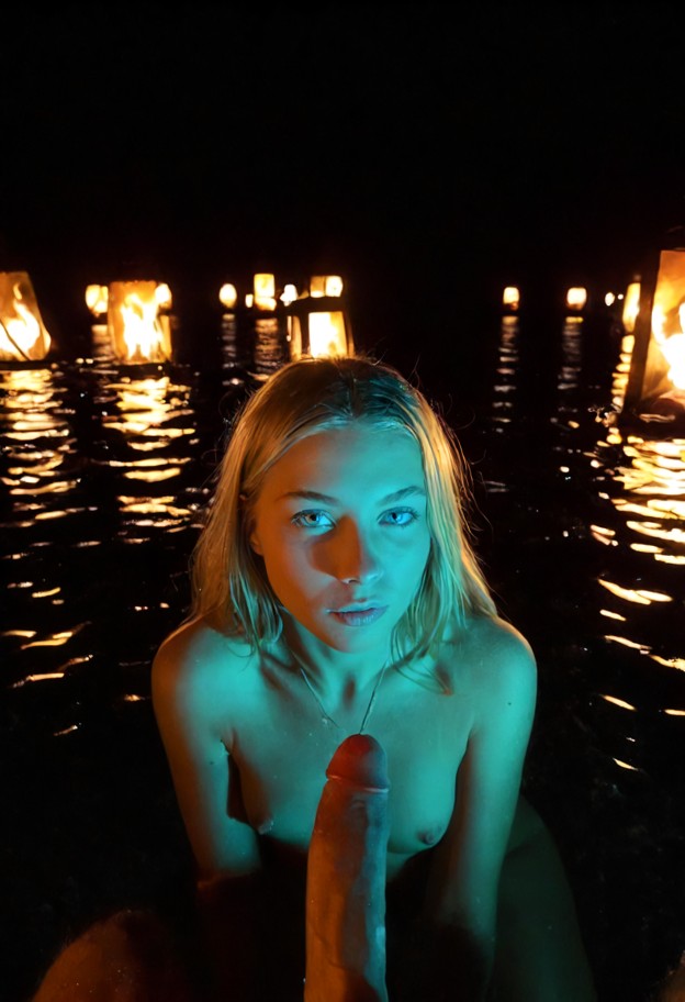she is,about to kiss pov,(close up,forming lips) facing viewer,naked,boobs,underwater,dark lake,glowing lanterns,flic…