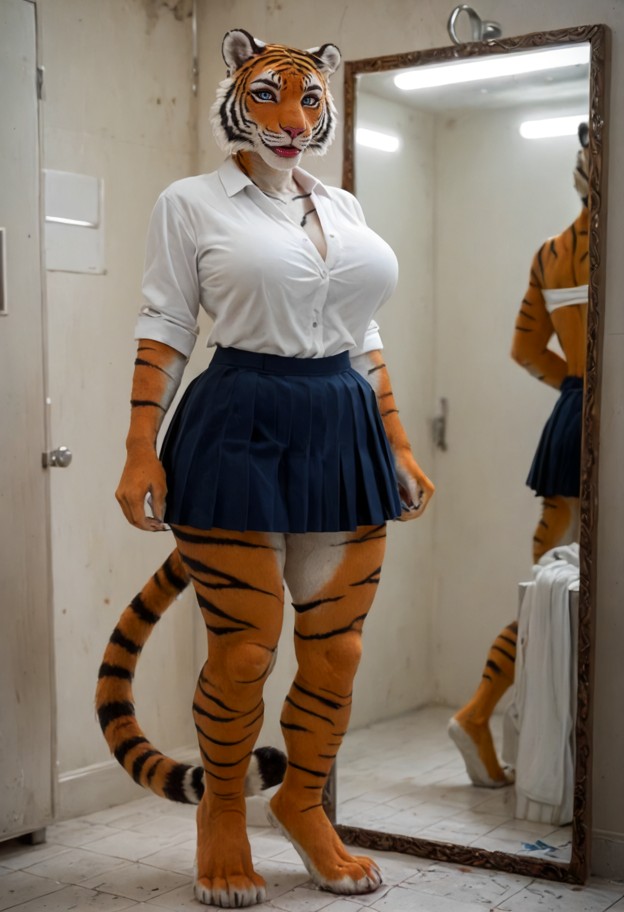furry she is is standing in a stall looking shocked,white school blouse,white panties,short pleated skirt,school bath…