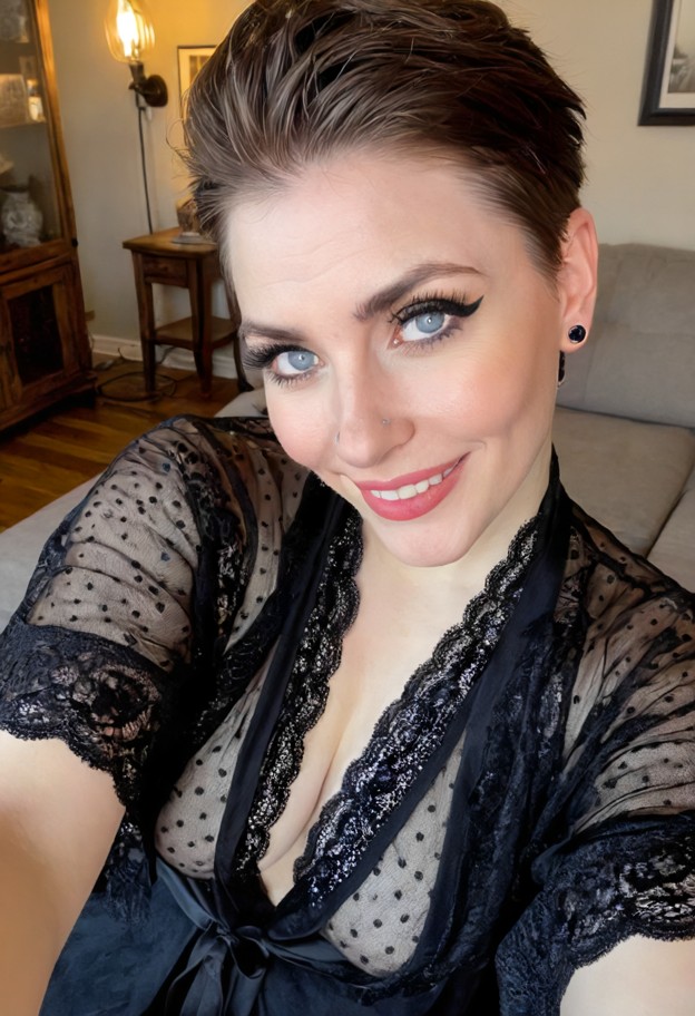 she is sitting on a couch,transparent lace robe,living room,wooden furniture,bright lighting,selfie closeup,happy
