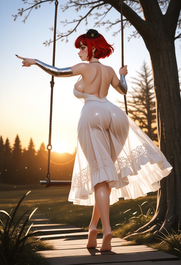 a high-quality,vertical portrait of a young woman swinging high on a wooden swing suspended from a large oak tree. sh…