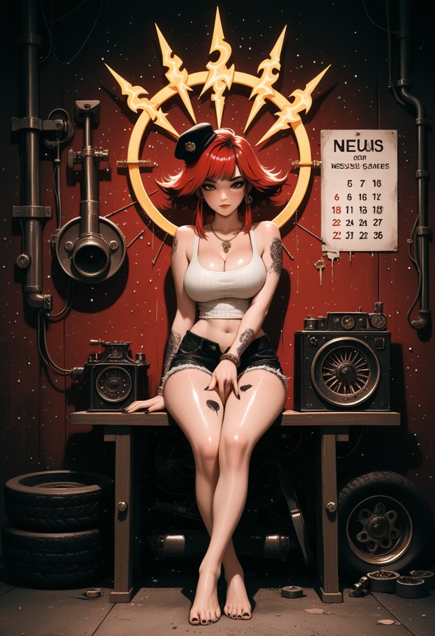 1girl,female model,iconic 1970s hustler magazine cover,vintage adult editorial. the model is sitting on a wooden work…